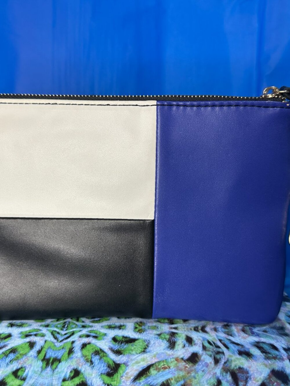 Express Color block Faux Leather Wristlet in Blue White and Black design